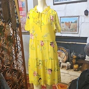 DKNY Donna Karan Polyester Yellow Layered Floral Dress Size S